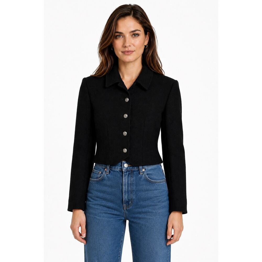 1980s Pendleton Black Virgin Wool Cropped Jacket Blazer XS Petite